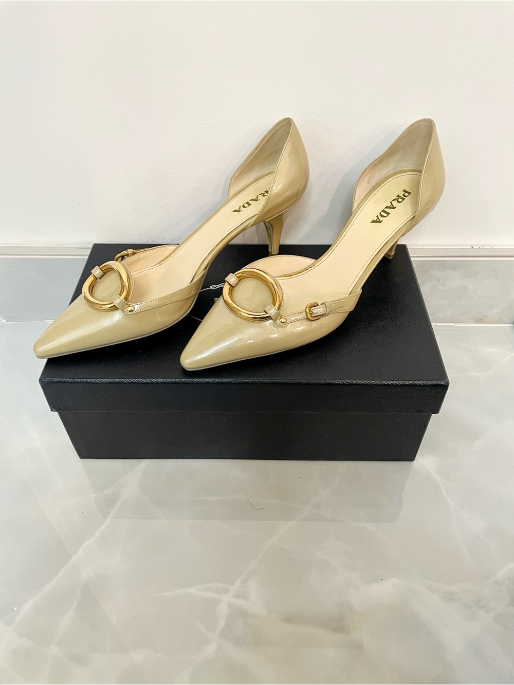 Prada Beige Patent Leather Pointed Toe Pumps with Gold Ring - Picture 5 of 5